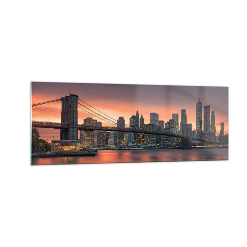 Quadro su vetro - Panorama notturno della città con un ponte e un cielo illuminato - 140x50cm - Immersa nel silenzio lilla - Decorazione murale moderna per soggiorno e camera da letto ARTTOR