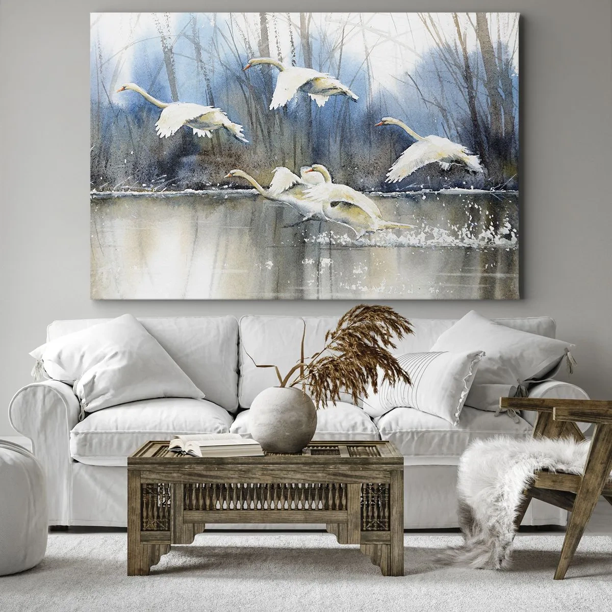 Quadro su tela - Stampe su Tela - Cigni in volo sopra un lago ghiacciato in un paesaggio invernale - 120x80cm - Come la favola dei cigni selvatici - Decorazione murale moderna per soggiorno e camera da letto ARTTOR