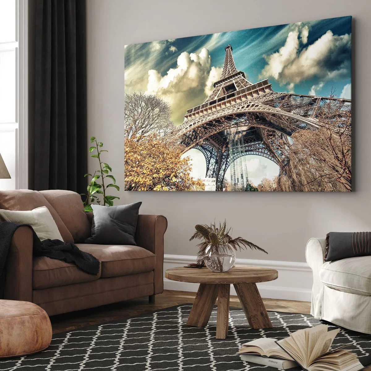 Quadro su tela - Stampe su Tela - La Torre Eiffel dal basso in un ambiente autunnale - 70x50cm - L'autunno a Parigi... - Decorazione murale moderna per soggiorno e camera da letto ARTTOR