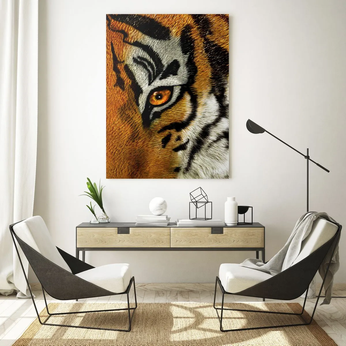 Quadro su vetro - Primo piano dello sguardo intenso della tigre - 50x70cm - Minacciosa e bella - Decorazione murale moderna per soggiorno e camera da letto ARTTOR