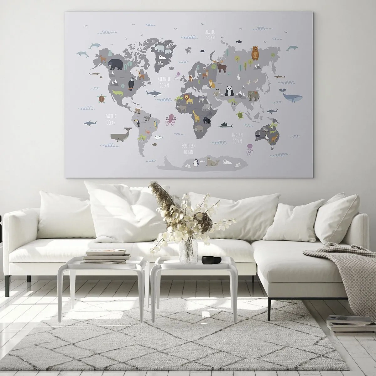 Quadro su vetro - Mappa del mondo illustrata con animali caratteristici - 100x70cm - Dimmi di dove sei... - Decorazione murale moderna per soggiorno e camera da letto ARTTOR
