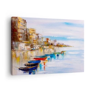 Quadro su tela - Stampe su Tela - Barche colorate sulla riva con vista sullo skyline della città - 70x50cm - Molo cittadino multicolore - Decorazione murale moderna per soggiorno e camera da letto ARTTOR