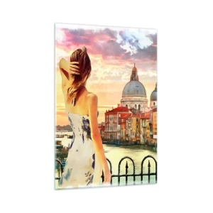 Quadro su vetro - Una donna ammira il pittoresco paesaggio lungo il canale - 70x100cm - Se un'avventura allora solo a... - Decorazione murale moderna per soggiorno e camera da letto ARTTOR