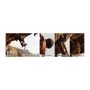 Campione di Fotomurale Premium Sand - Il mondo ristretto in una mano sul bordo del masso - Isola di Kalimnos, Arrampicata, Paesaggio - 100x30 cm