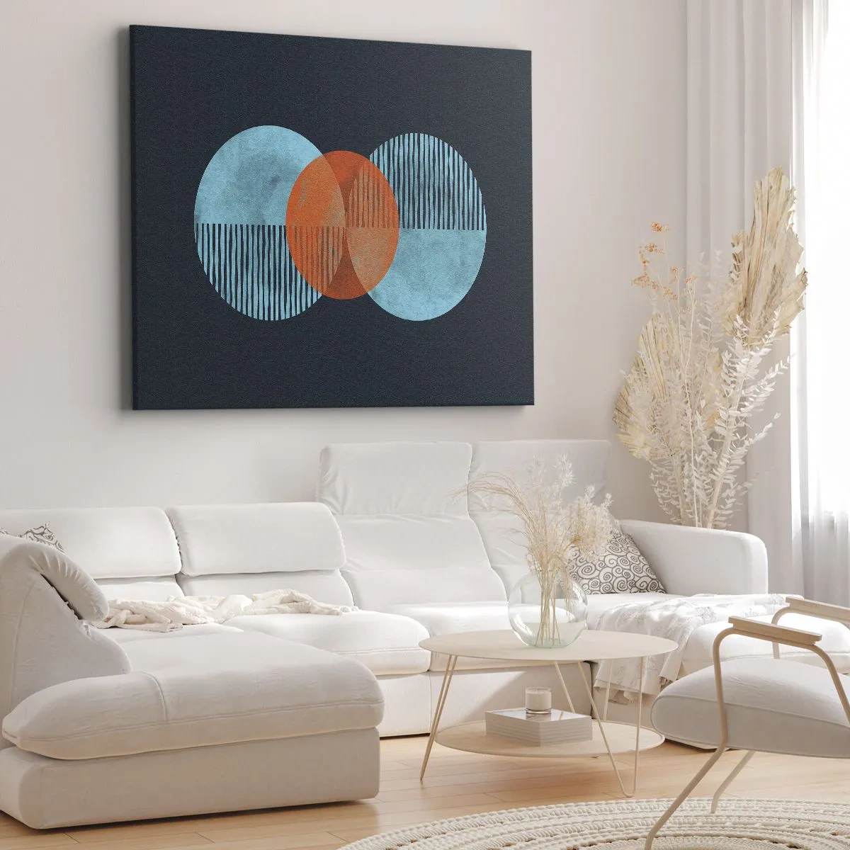 Quadro su tela - Stampe su Tela - Cerchi geometrici nei toni del blu e dell'arancione - 70x50cm - Composizione simmetrica - Decorazione murale moderna per soggiorno e camera da letto ARTTOR
