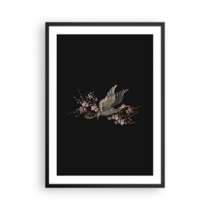 Poster in cornice nera - Una gru circondata da rami fioriti su uno sfondo nero - 50x70cm - Uccello esotico ricamato - Decorazione murale moderna per soggiorno e camera da letto ARTTOR