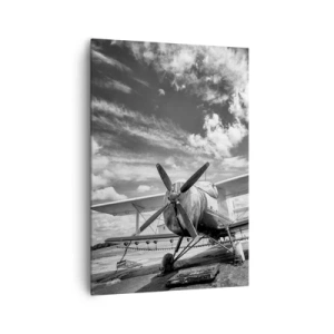 Quadro su tela - Stampe su Tela - Un vecchio aereo all'aeroporto in bianco e nero - 70x100cm - Non vedo l'ora! - Decorazione murale moderna per soggiorno e camera da letto ARTTOR