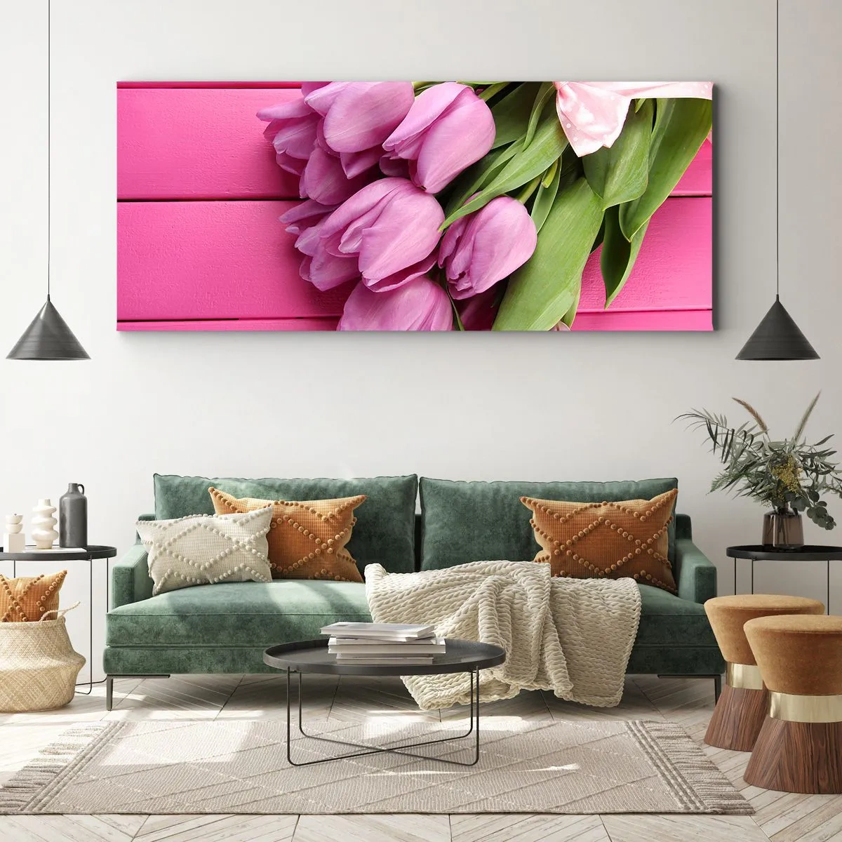Quadro su tela - Stampe su Tela - Un mazzo di tulipani rosa con un fiocco su uno sfondo rosa - 140x50cm - Proprio per te - Decorazione murale moderna per soggiorno e camera da letto ARTTOR