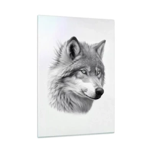 Quadro su vetro - Ritratto in bianco e nero di un lupo dallo sguardo penetrante - 50x70cm - Alfa, senza dubbio - Decorazione murale moderna per soggiorno e camera da letto ARTTOR