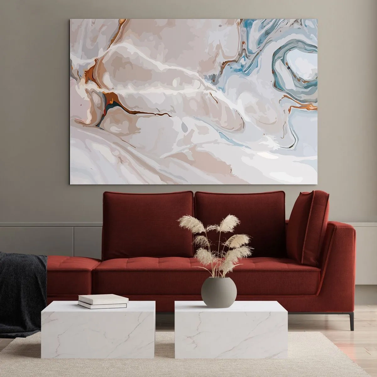 Quadro su vetro - Motivo artistico in toni neutri con accenti di blu - 100x70cm - Meandri blu sotto il bianco - Decorazione murale moderna per soggiorno e camera da letto ARTTOR