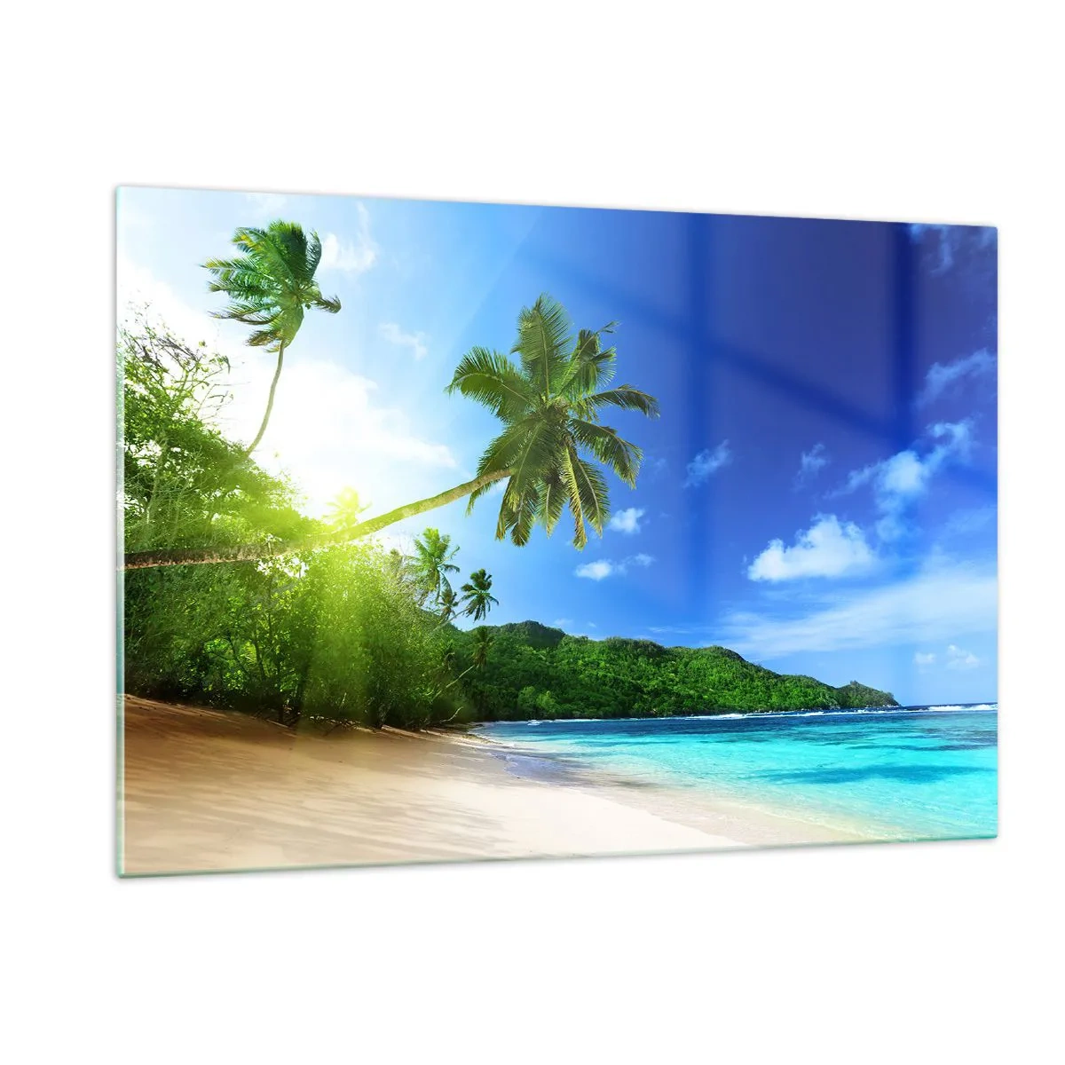 Quadro su vetro - Spiaggia tropicale con palme e acqua cristallina - 120x80cm - Il lieve tocco dei tropici - Decorazione murale moderna per soggiorno e camera da letto ARTTOR