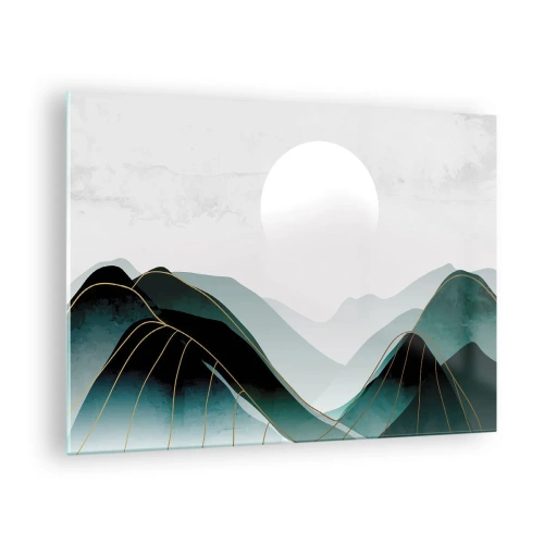 Quadro su vetro - Paesaggio montano con sole bianco e linee dorate - 70x50cm - In tutta la maestà - Decorazione murale moderna per soggiorno e camera da letto ARTTOR