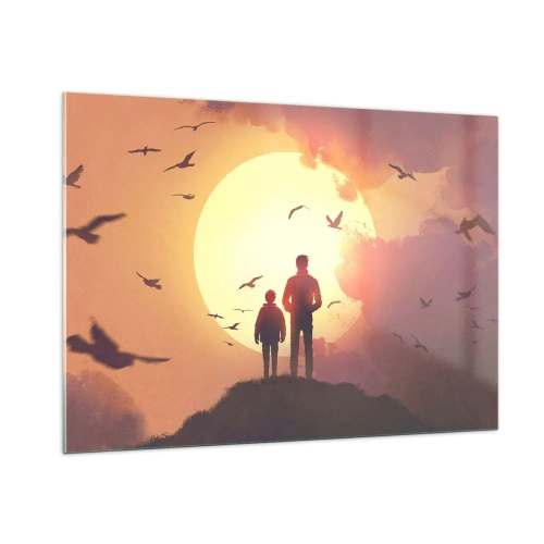 Quadro su vetro - Figure di un padre e di un figlio in piedi sullo sfondo del sole al tramonto e di uccelli in volo - 100x70cm - Faccia a faccia con il sole - Decorazione murale moderna per soggiorno e camera da letto ARTTOR