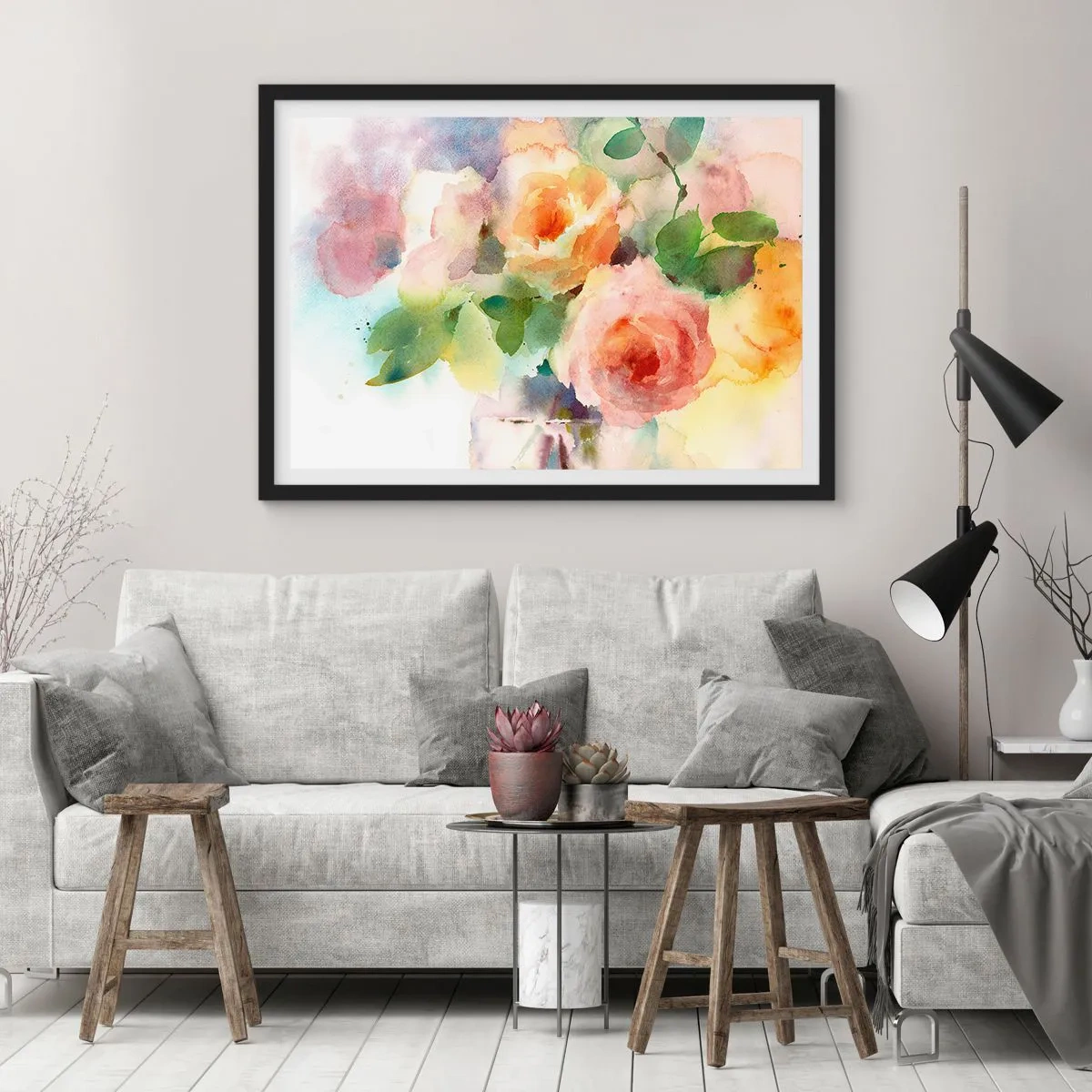 Poster in cornice nera - Delicate rose in stile acquerello su uno sfondo chiaro - 70x50cm - Delicati come un acquerello - Decorazione murale moderna per soggiorno e camera da letto ARTTOR