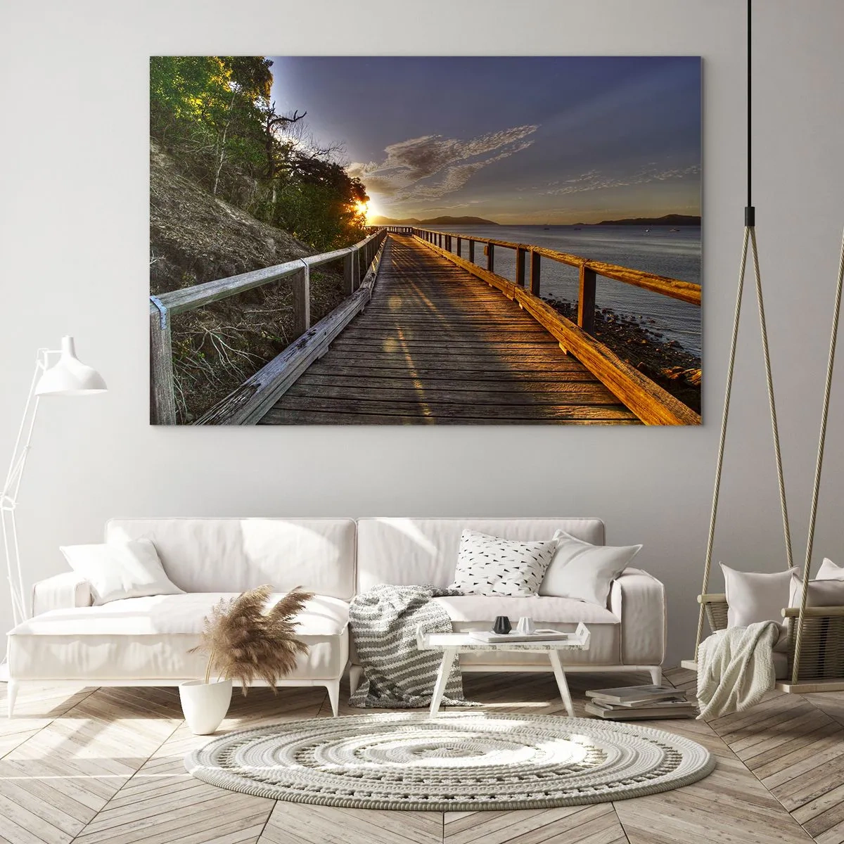 Quadro su vetro - Passerella in legno al tramonto - 70x50cm - Incamminarsi sempre verso il sole - Decorazione murale moderna per soggiorno e camera da letto ARTTOR