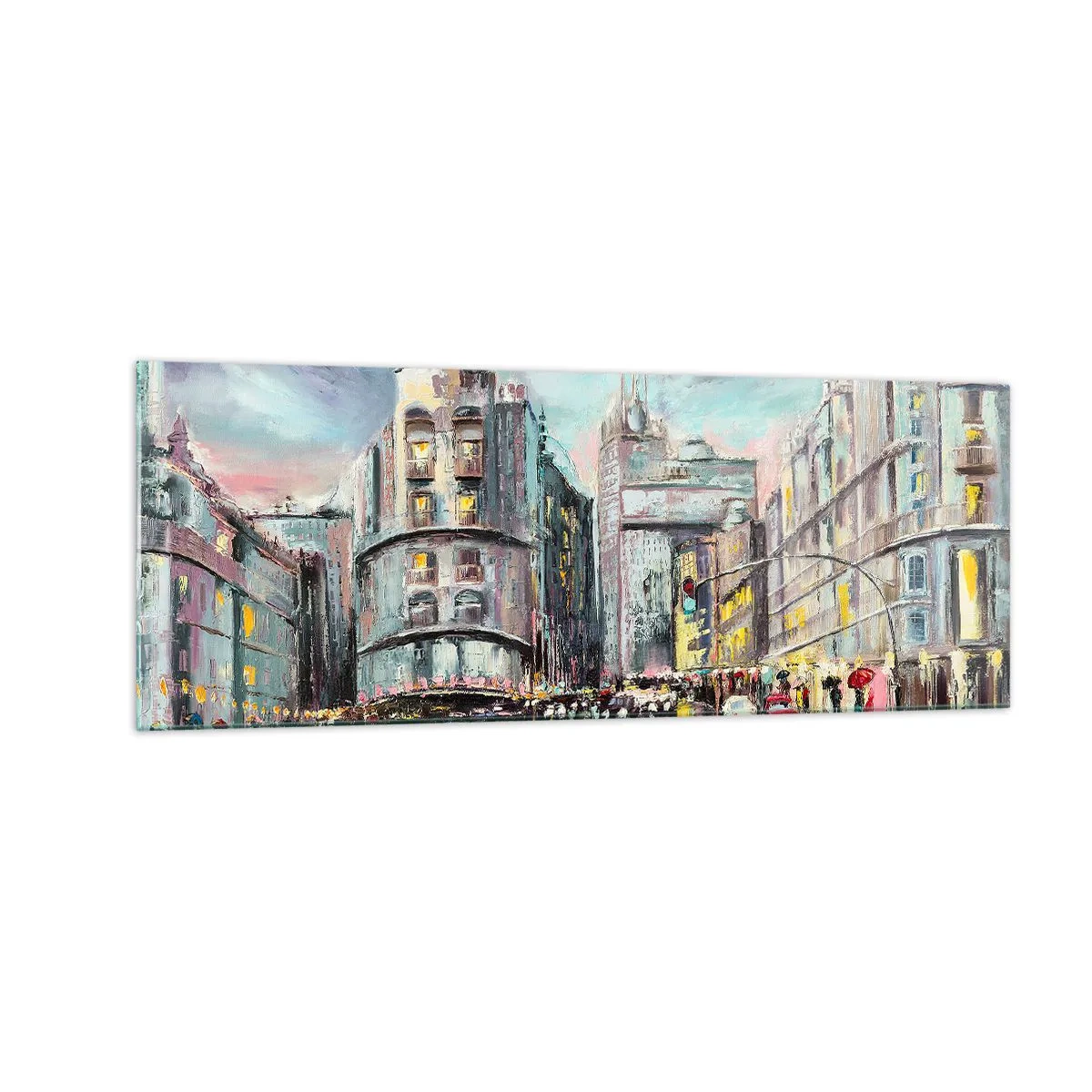 Quadro su vetro - Vista serale della città con riflessi sulla strada bagnata - 140x50cm - Sarà una serata riuscita - Decorazione murale moderna per soggiorno e camera da letto ARTTOR