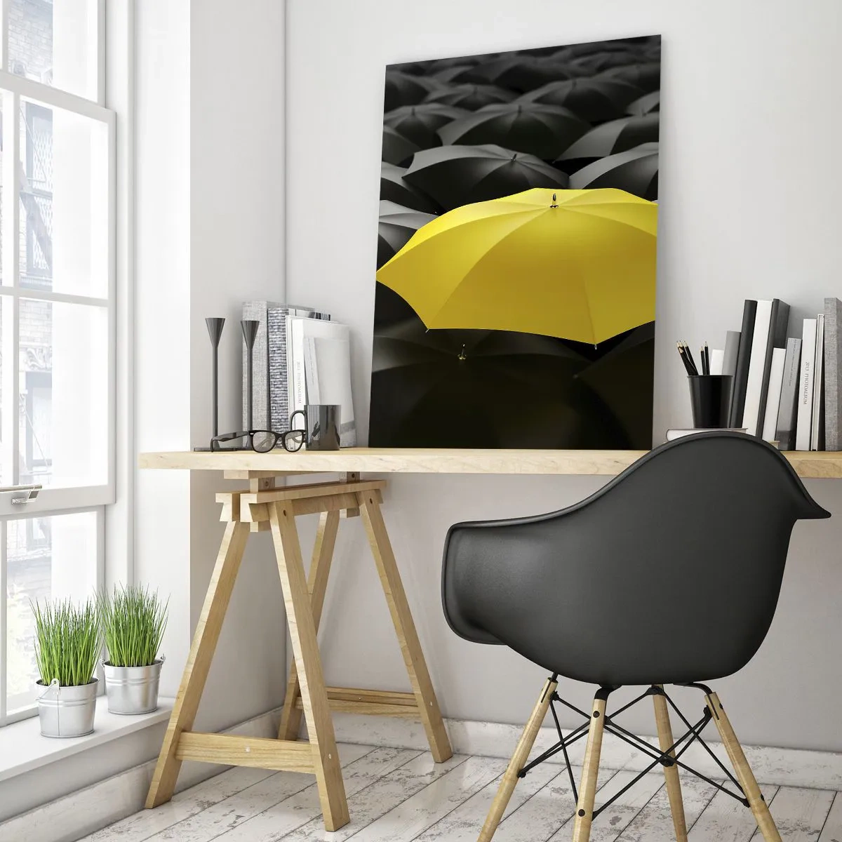 Quadro su vetro - Un ombrello giallo tra ombrelli neri - 80x120cm - Addio tristezza - Decorazione murale moderna per soggiorno e camera da letto ARTTOR