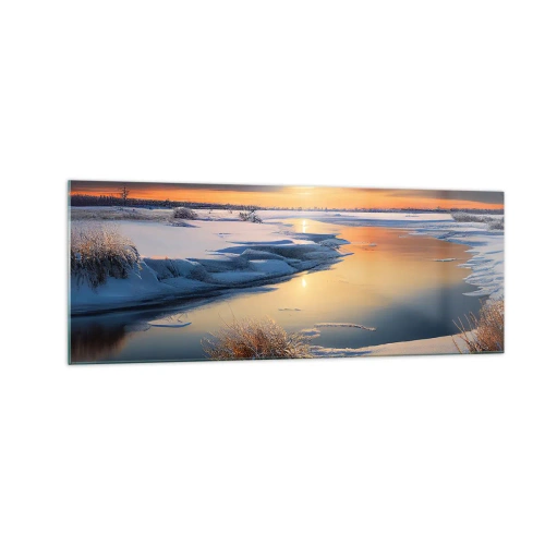 Quadro su vetro - Paesaggio invernale con un fiume al tramonto - 140x50cm - Tramonto invernale - Decorazione murale moderna per soggiorno e camera da letto ARTTOR