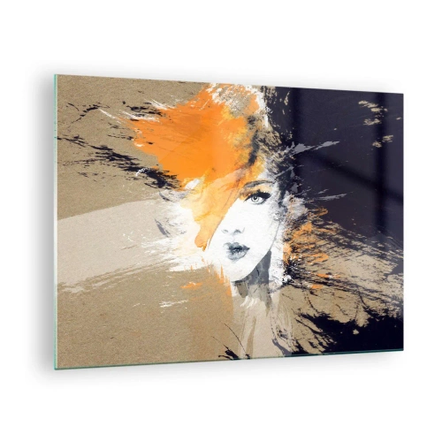 Quadro su vetro - Ritratto astratto di una donna con accenti arancioni - 70x50cm - E la luce fu - Decorazione murale moderna per soggiorno e camera da letto ARTTOR
