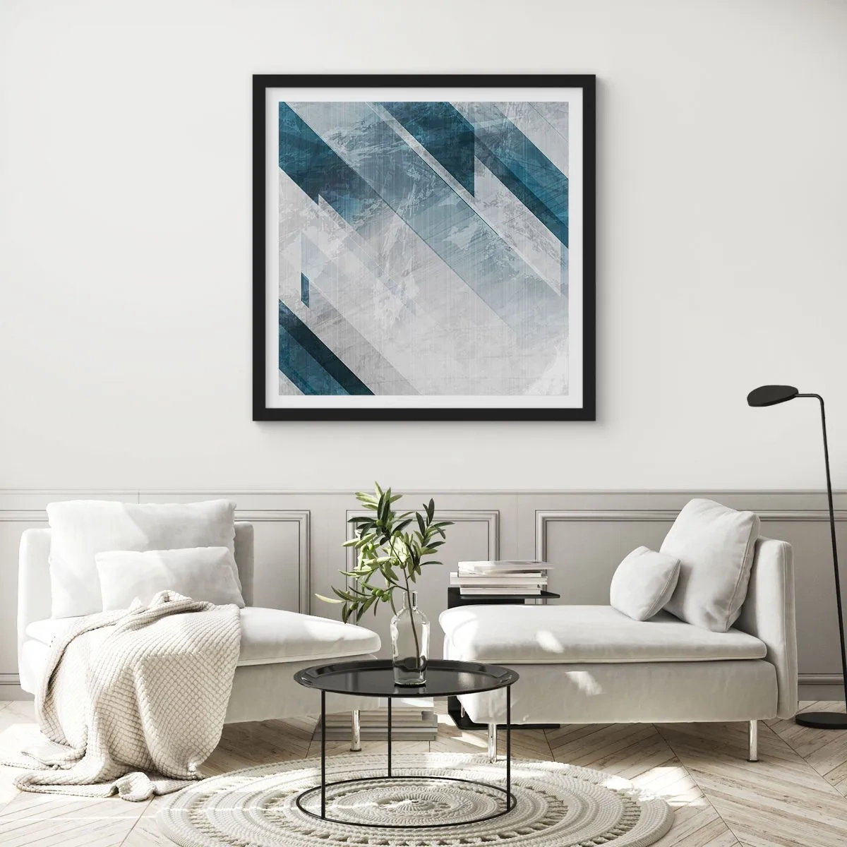 Poster in cornice nera - Composizione spaziale: movimento in grigio - 40x40 cm