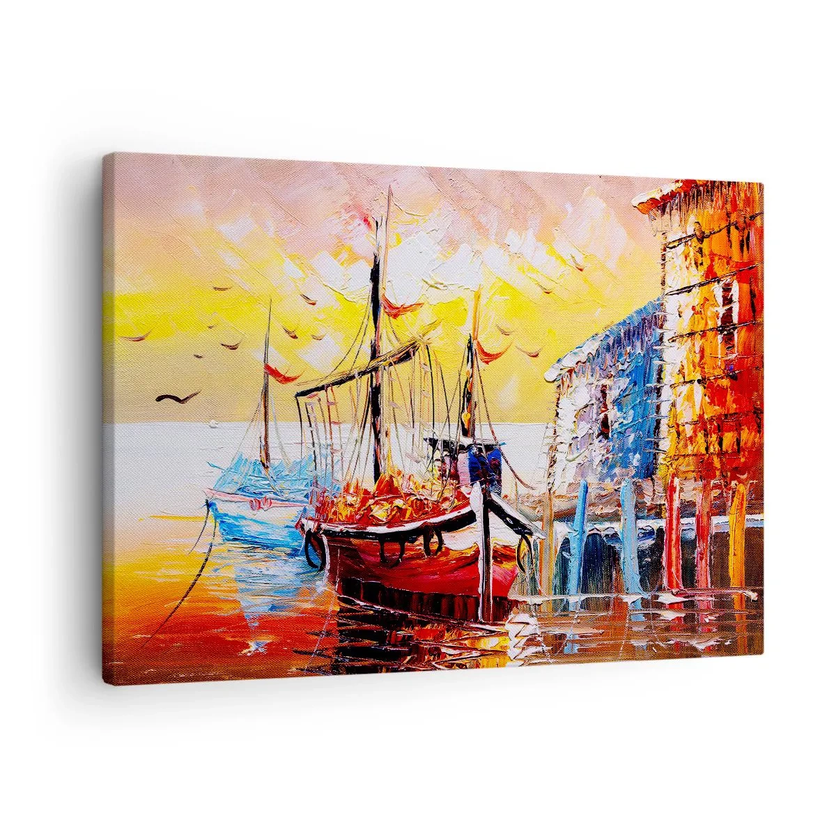 Quadro su tela - Stampe su Tela - Pittoresco porto al tramonto con barche da pesca - 70x50cm - Ritorno felice - Decorazione murale moderna per soggiorno e camera da letto ARTTOR
