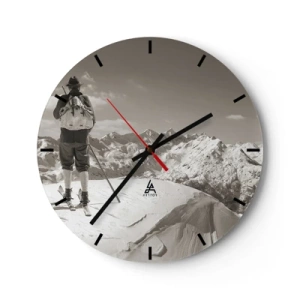Orologio da parete - Orologio in Vetro - Sciatore sullo sfondo di montagne innevate in stile retrò - 30x30cm - E i monti sono immutabili - Decorazione murale moderna per soggiorno, cucina e camera da letto ARTTOR