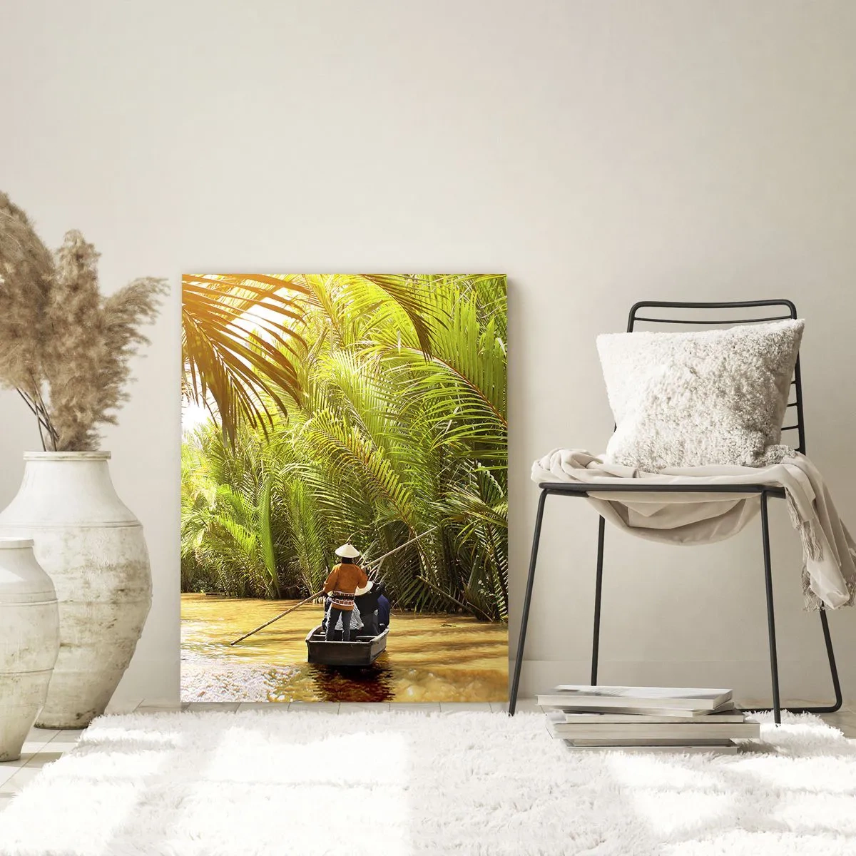 Quadro su vetro - Una barca su un fiume circondata da vegetazione tropicale - 70x100cm - Tunnel di palme - Decorazione murale moderna per soggiorno e camera da letto ARTTOR