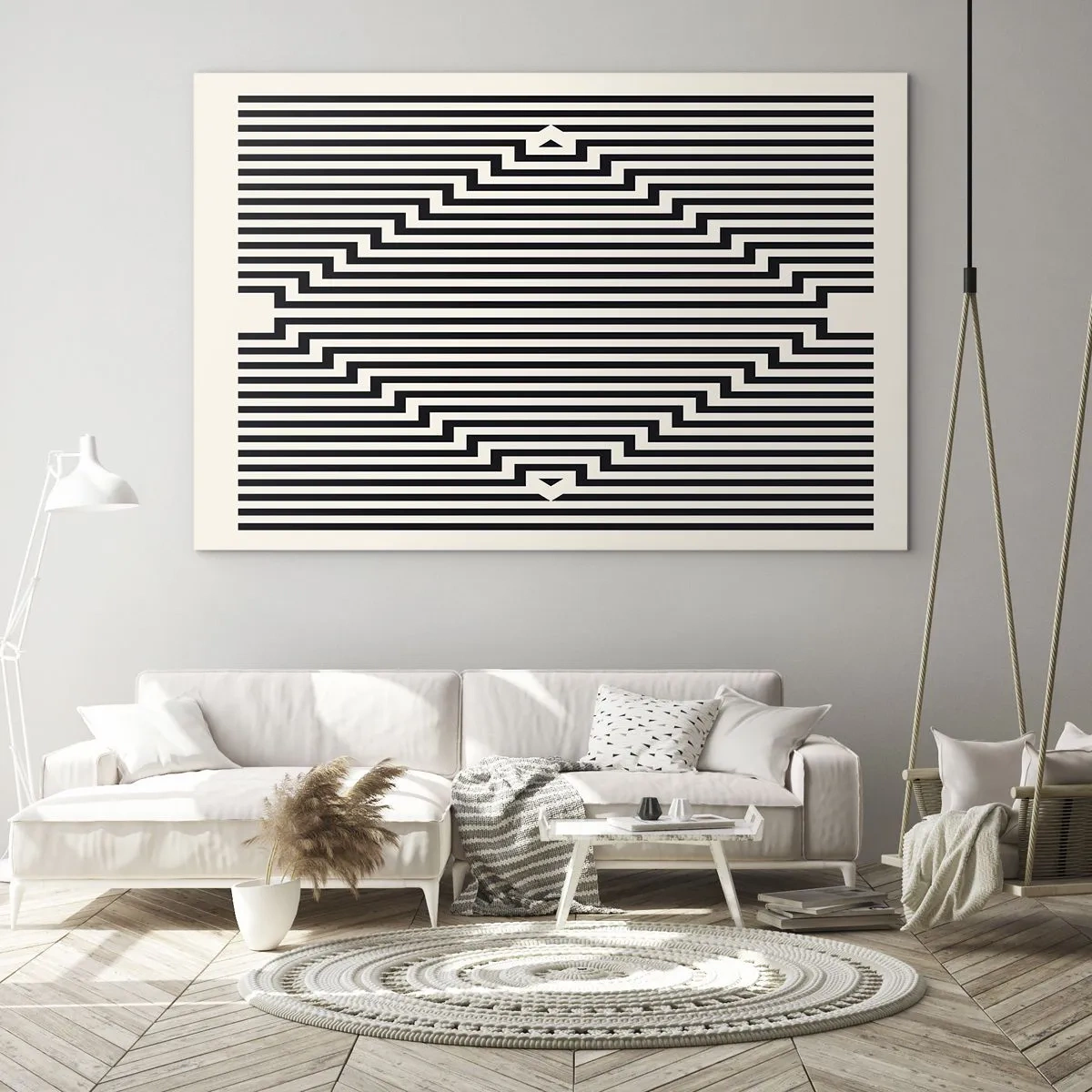 Quadro su vetro - Un affascinante motivo di linee bianche e nere che creano un'illusione - 100x70cm - Illusione geometrica - Decorazione murale moderna per soggiorno e camera da letto ARTTOR