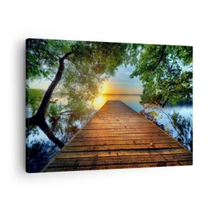 Quadro su tela - Stampe su Tela - Un molo di legno circondato dal verde durante il tramonto - 70x50cm - Non avere fretta, siediti - Decorazione murale moderna per soggiorno e camera da letto ARTTOR