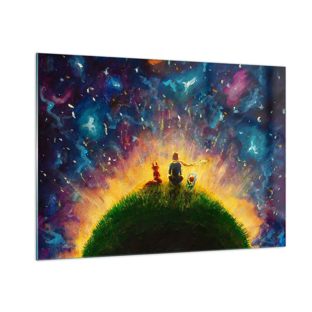 Quadro su vetro - Una figura con una volpe su un pianeta sotto un cielo stellato - 100x70cm - Amore e amicizia: l'intero mondo - Decorazione murale moderna per soggiorno e camera da letto ARTTOR