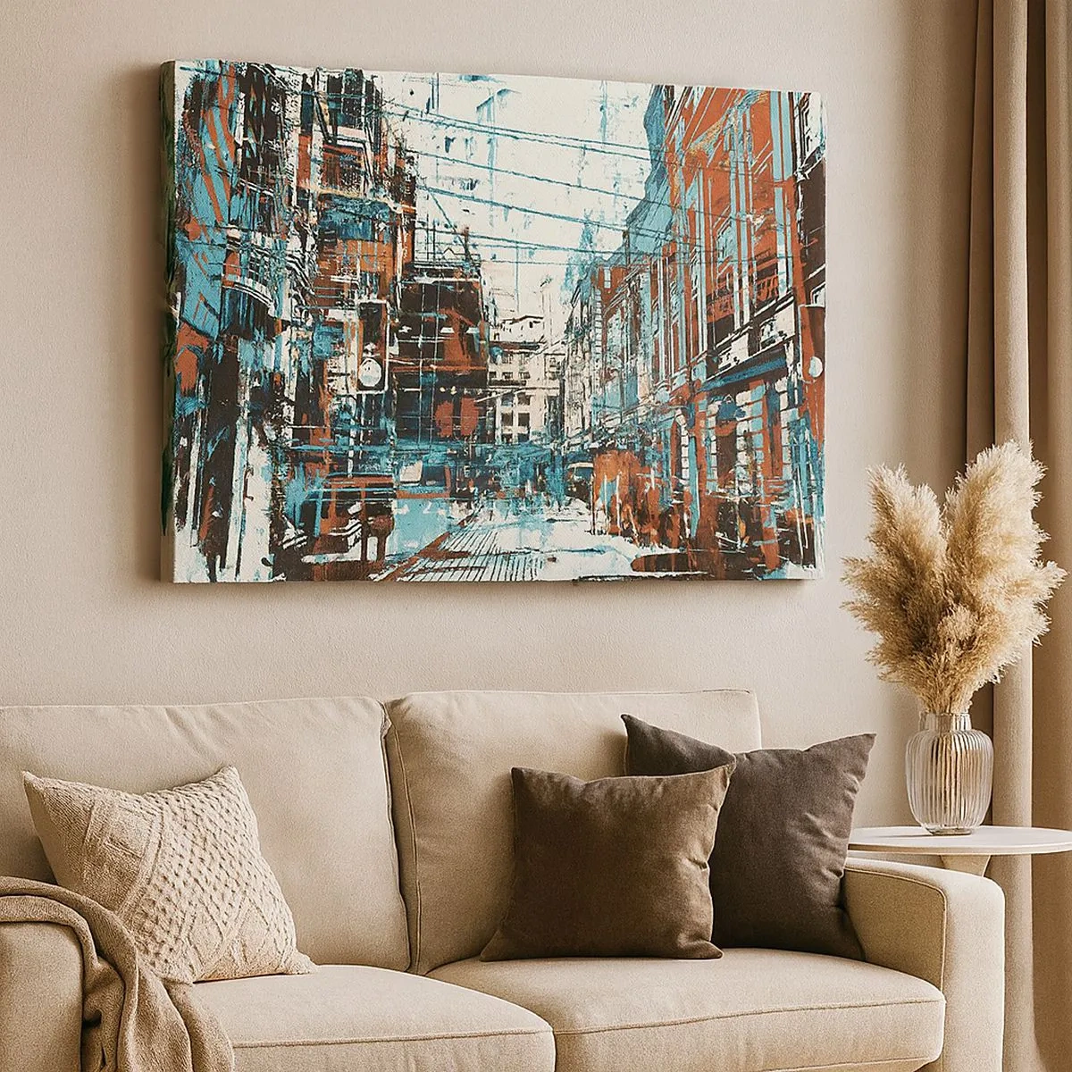 Quadro su tela - Stampe su Tela - Un paesaggio urbano nei toni del blu e dell'arancione - 70x50cm - Percorso cittadino consueto - Decorazione murale moderna per soggiorno e camera da letto ARTTOR