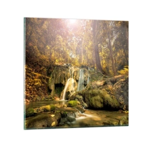 Quadro su vetro - Cascata boschiva in verde - 60x60 cm