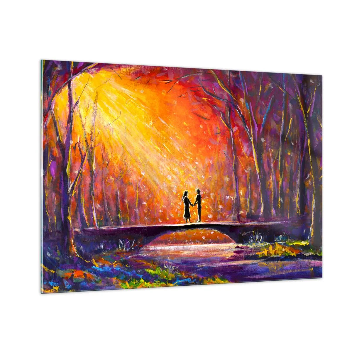 Quadro su vetro - Una coppia su un ponte alla luce del sole al tramonto, circondata dagli alberi. - 100x70cm - Anche il cielo li ama - Decorazione murale moderna per soggiorno e camera da letto ARTTOR