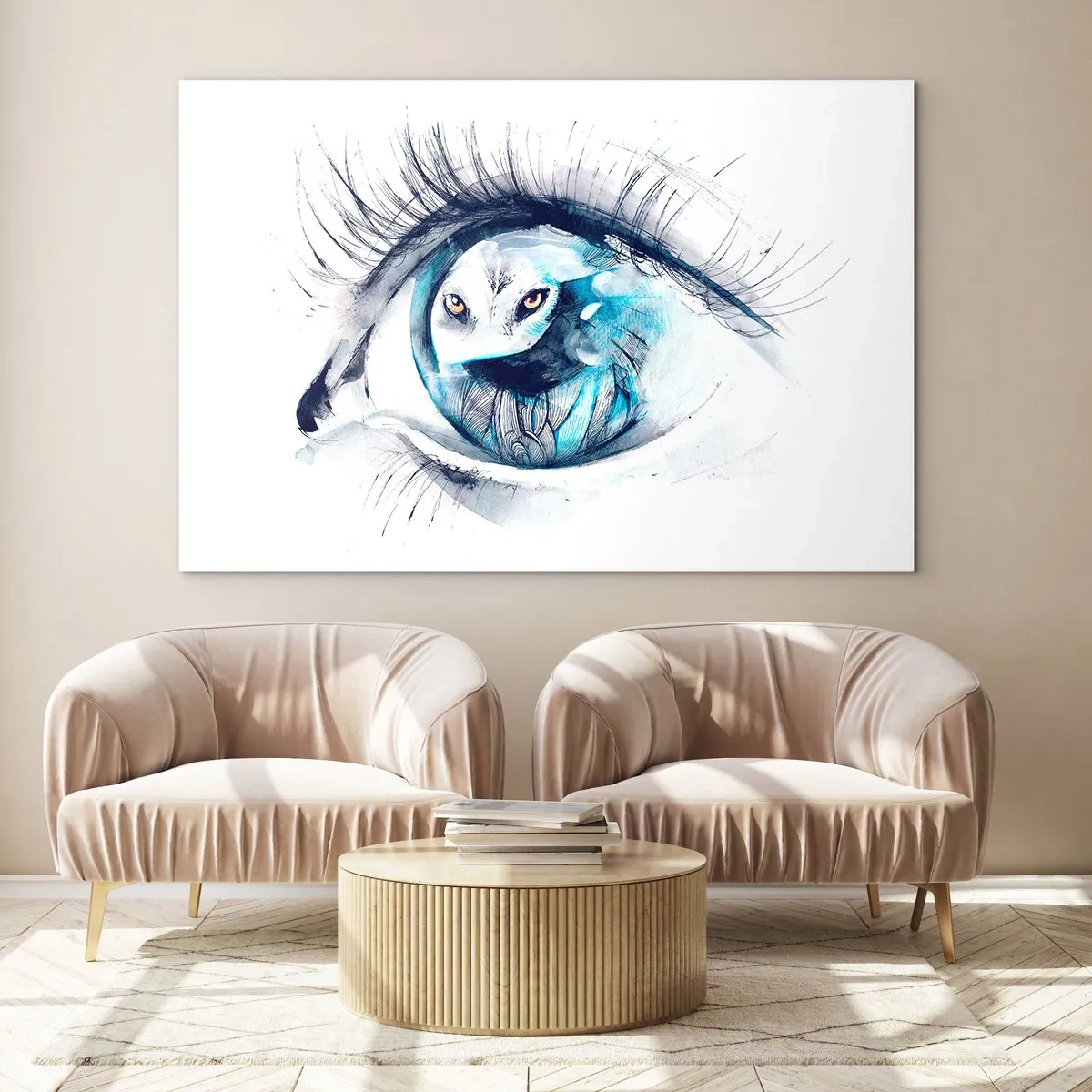 Quadro su vetro - Occhio di donna con motivo di gufo in stile acquerello - 120x80cm - Faccia a faccia con la natura selvaggia - Decorazione murale moderna per soggiorno e camera da letto ARTTOR
