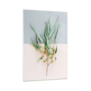 Quadro su vetro - Un ramo con foglie su uno sfondo di tonalità pastello - 70x100cm - Delicatezza pastello - Decorazione murale moderna per soggiorno e camera da letto ARTTOR