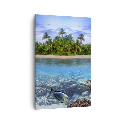 Quadro su tela - Stampe su Tela - Un'isola tropicale circondata da un oceano turchese con una barriera corallina e pesci. - 80x120cm - L'isola del paradiso dà il benvenuto - Decorazione murale moderna per soggiorno e camera da letto ARTTOR