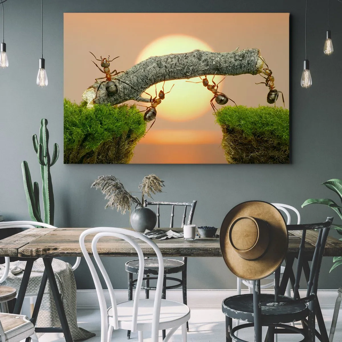 Quadro su tela - Stampe su Tela - Formiche che costruiscono un ponte di rami sullo sfondo del sole al tramonto. - 70x50cm - Gioioso lavoro comune - Decorazione murale moderna per soggiorno e camera da letto ARTTOR