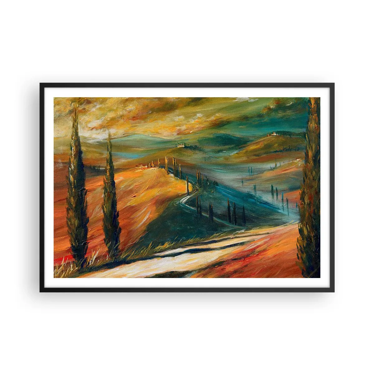Poster in cornice nera - Paesaggio toscano con campi, strada e cipressi - 100x70cm - Paesaggio toscano - Decorazione murale moderna per soggiorno e camera da letto ARTTOR