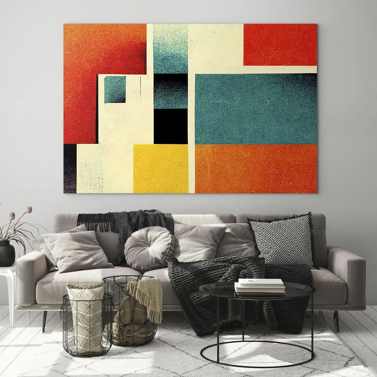 Quadro su vetro - Rettangoli geometrici colorati in stile retrò - 70x50cm - Astrazione geometrica: energia buona - Decorazione murale moderna per soggiorno e camera da letto ARTTOR