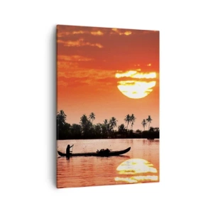 Quadro su tela - Stampe su Tela - Tramonto tropicale con una barca e palme sullo sfondo - 50x70cm - La calma dei tropici al tramonto - Decorazione murale moderna per soggiorno e camera da letto ARTTOR