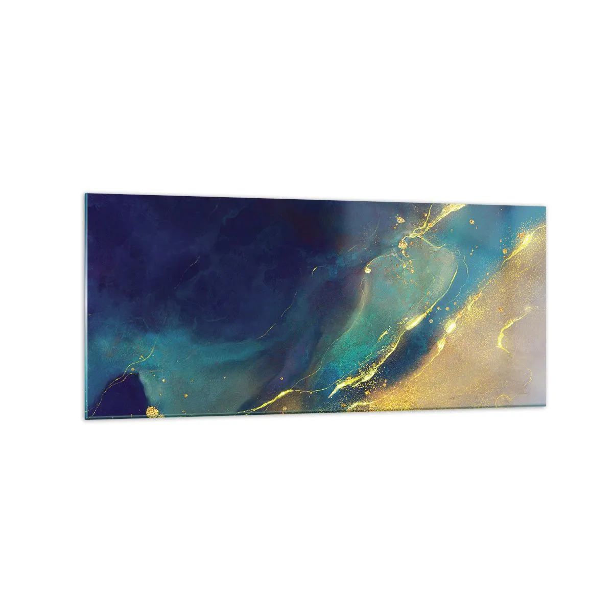 Quadro su vetro - Composizione astratta nei toni del blu e dell'oro su tela - 120x50cm - La palude dorata - Decorazione murale moderna per soggiorno e camera da letto ARTTOR
