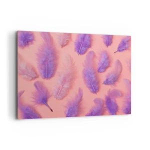 Quadro su tela - Stampe su Tela - Piume viola e rosa su uno sfondo pastello - 100x70cm - L'uccello lilla del desiderio - Decorazione murale moderna per soggiorno e camera da letto ARTTOR