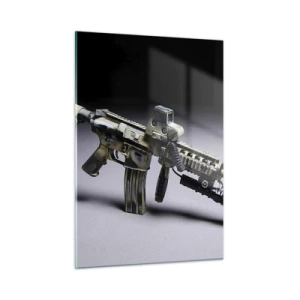 Quadro su vetro - Un fucile moderno su uno sfondo scuro con un accento industriale - 50x70cm - Sempre minaccioso - Decorazione murale moderna per soggiorno e camera da letto ARTTOR