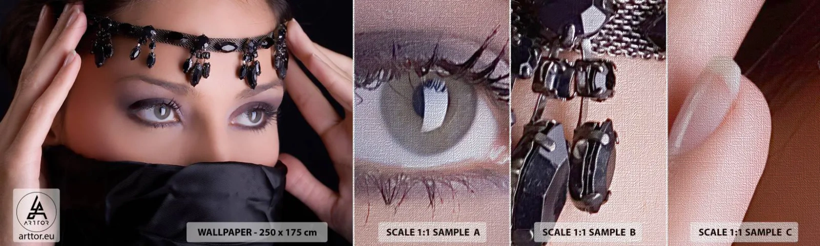 Campione di Fotomurale Premium Canvas - Misteriosa tentatrice d'oriente - Donna, Occhi, Cultura - 100x30 cm