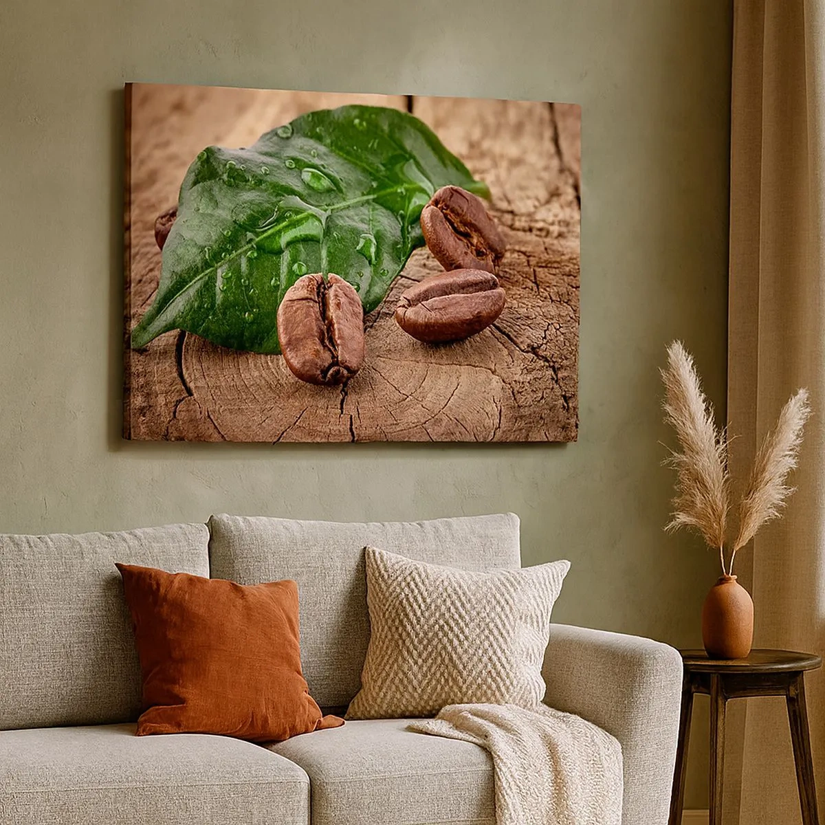 Quadro su tela - Stampe su Tela - Chicchi di caffè e foglia verde su uno sfondo di legno - 70x50cm - Nero e autentico - Decorazione murale moderna per soggiorno e camera da letto ARTTOR