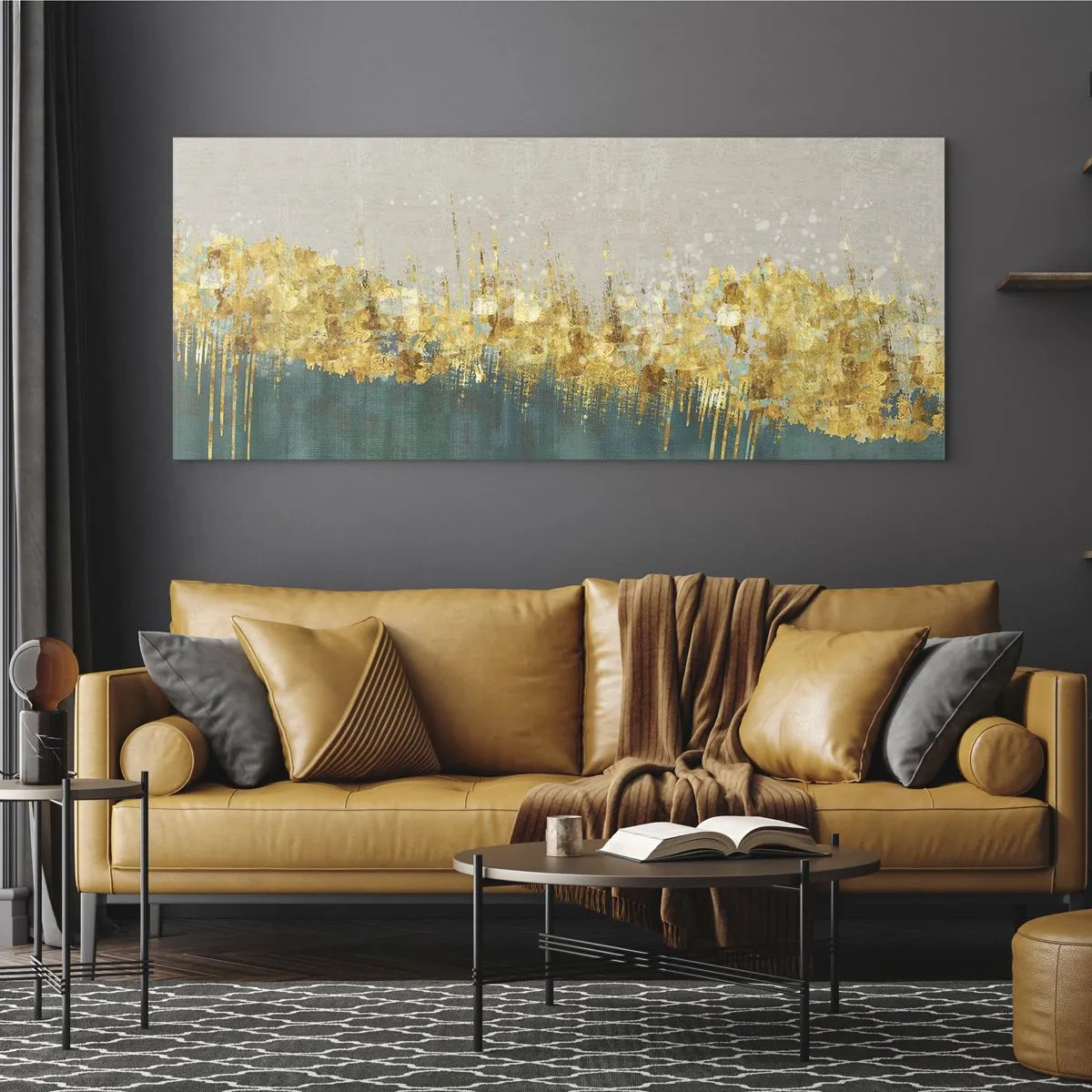 Quadro su vetro - Accenti dorati su sfondo verde-beige - 120x50cm - Confine dorato - Decorazione murale moderna per soggiorno e camera da letto ARTTOR