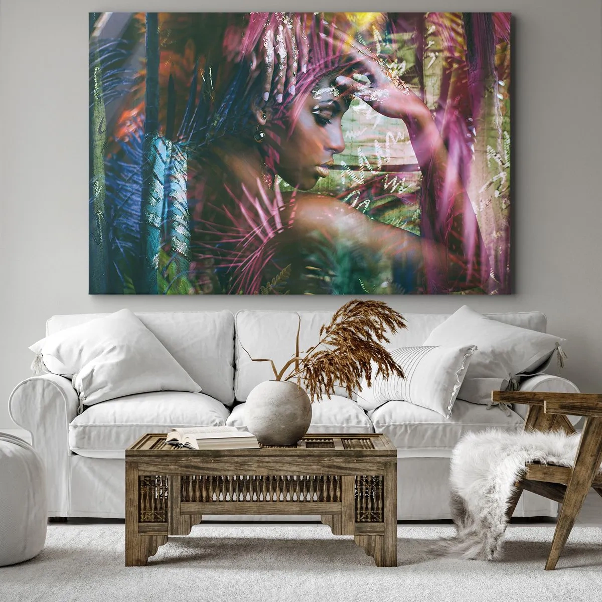 Quadro su tela - Stampe su Tela - Ritratto di una donna circondata da vegetazione esotica - 120x80cm - Madre Natura nella giungla - Decorazione murale moderna per soggiorno e camera da letto ARTTOR