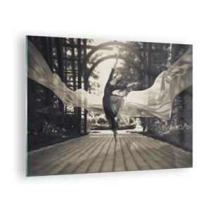 Quadro su vetro - Una ballerina in movimento su uno sfondo di giardino in bianco e nero. - 70x50cm - La danza dello spirito del giardino - Decorazione murale moderna per soggiorno e camera da letto ARTTOR