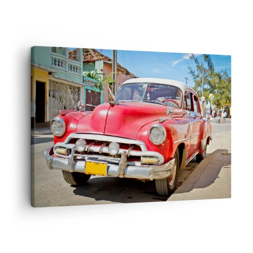 Quadro su tela - Stampe su Tela - Un'auto classica rossa parcheggiata sulla strada in una giornata di sole - 70x50cm - Ancora solamente a Cuba - Decorazione murale moderna per soggiorno e camera da letto ARTTOR