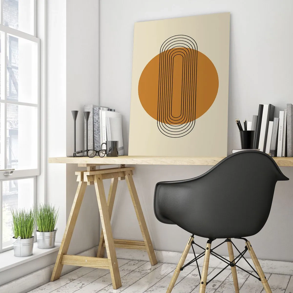 Quadro su vetro - Astrazione geometrica con cerchi e linee - 50x70cm - Piano perfetto - Decorazione murale moderna per soggiorno e camera da letto ARTTOR